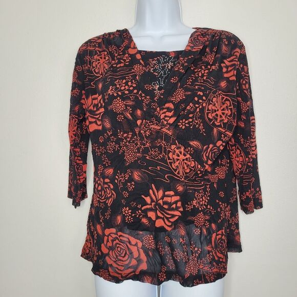 Vintage y2k 90s black and red nylon rose flower print 3/4 sleeve top - Picture 1 of 7